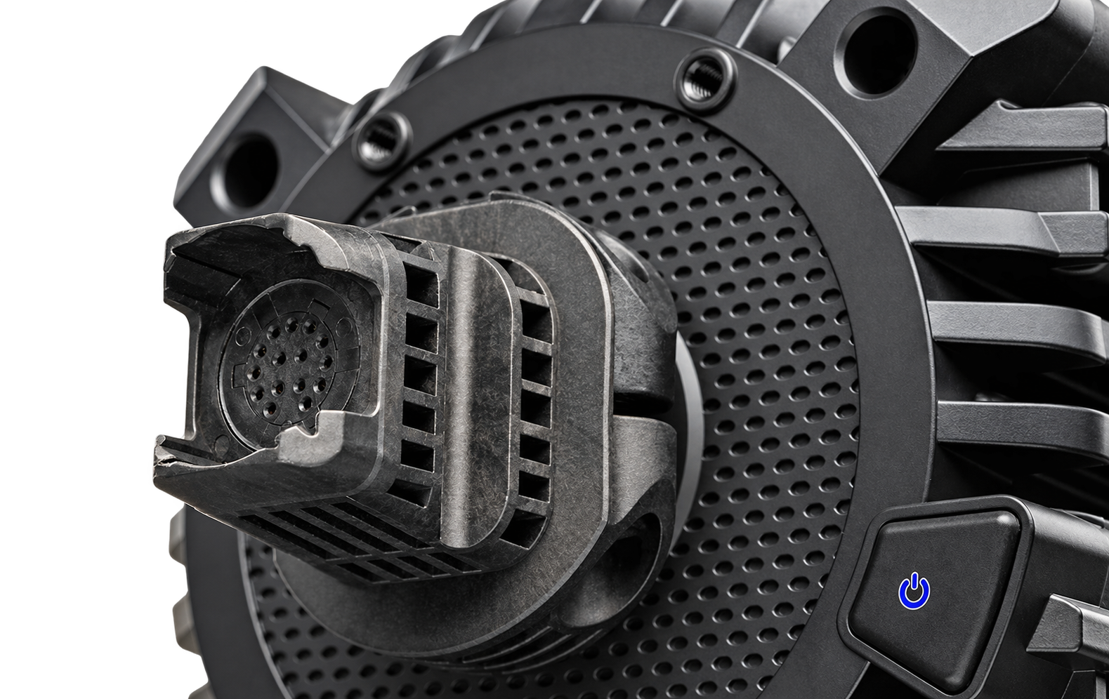 Close-up of the QR2 Lite Base-Side Type-C shaft on the Fanatec wheel base